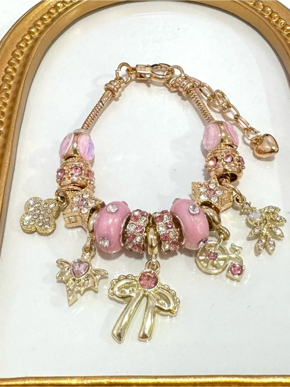 New Gold-Tone Pink Charm Bracelet with Enamel Beads and Crystal Accents 7 inches